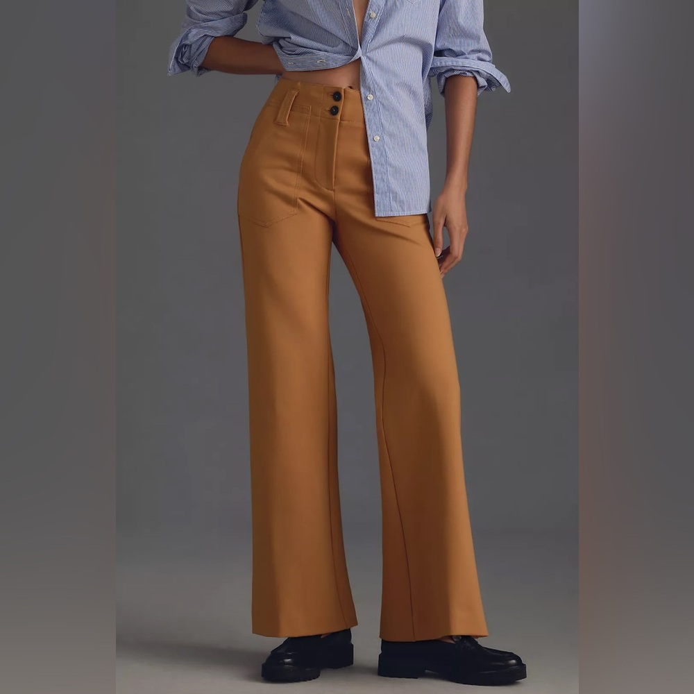 New Anthropologie Sz 12P Linen The Naomi Ponte Wide-Leg Flare Pants by Maeve